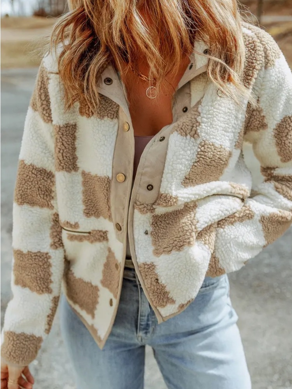 Cozy Checkered Sherpa Jacket - Cream & Tan